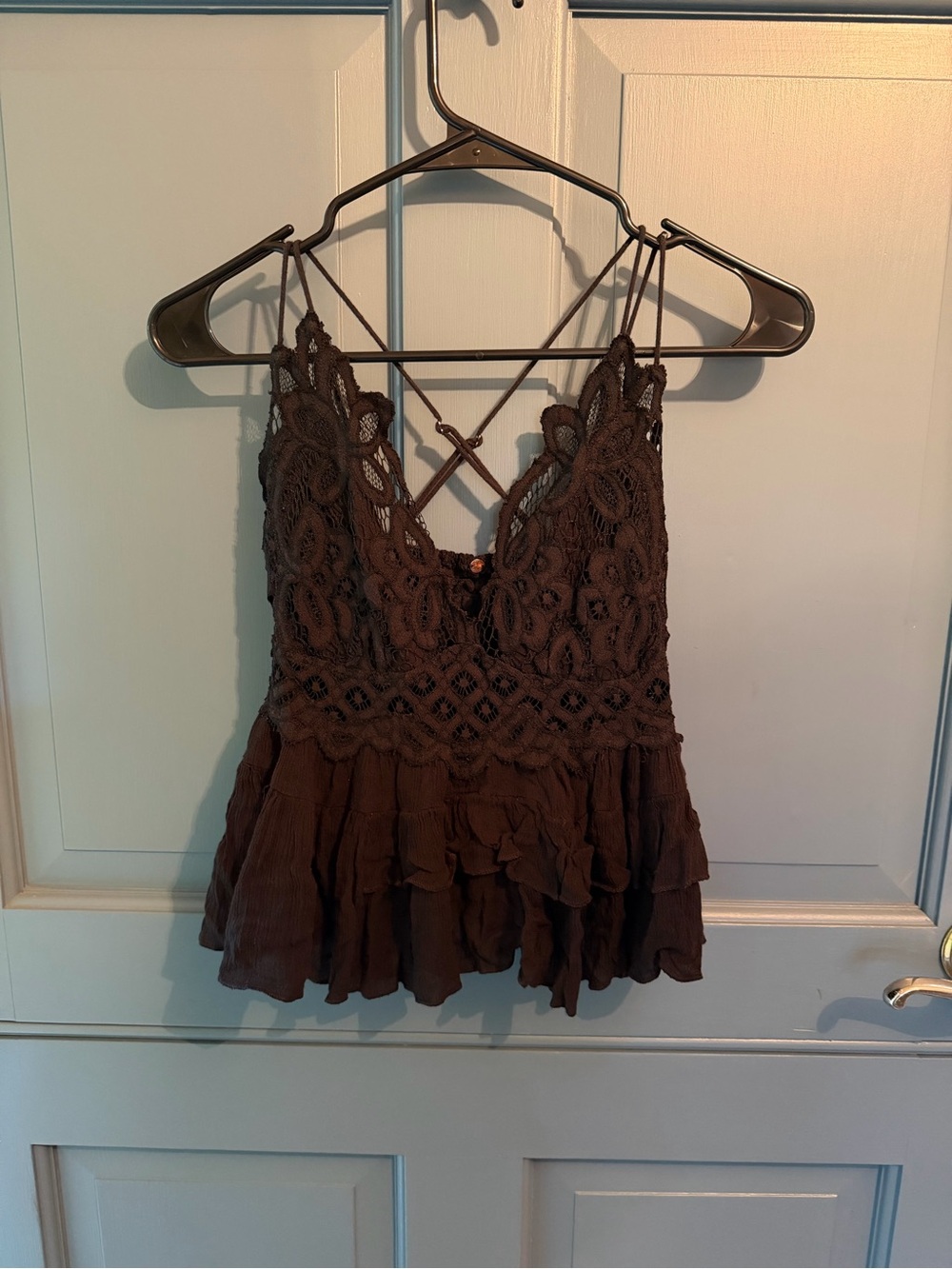 Free People Black Lace Babydoll Cami Top Medium Boho Ruffle